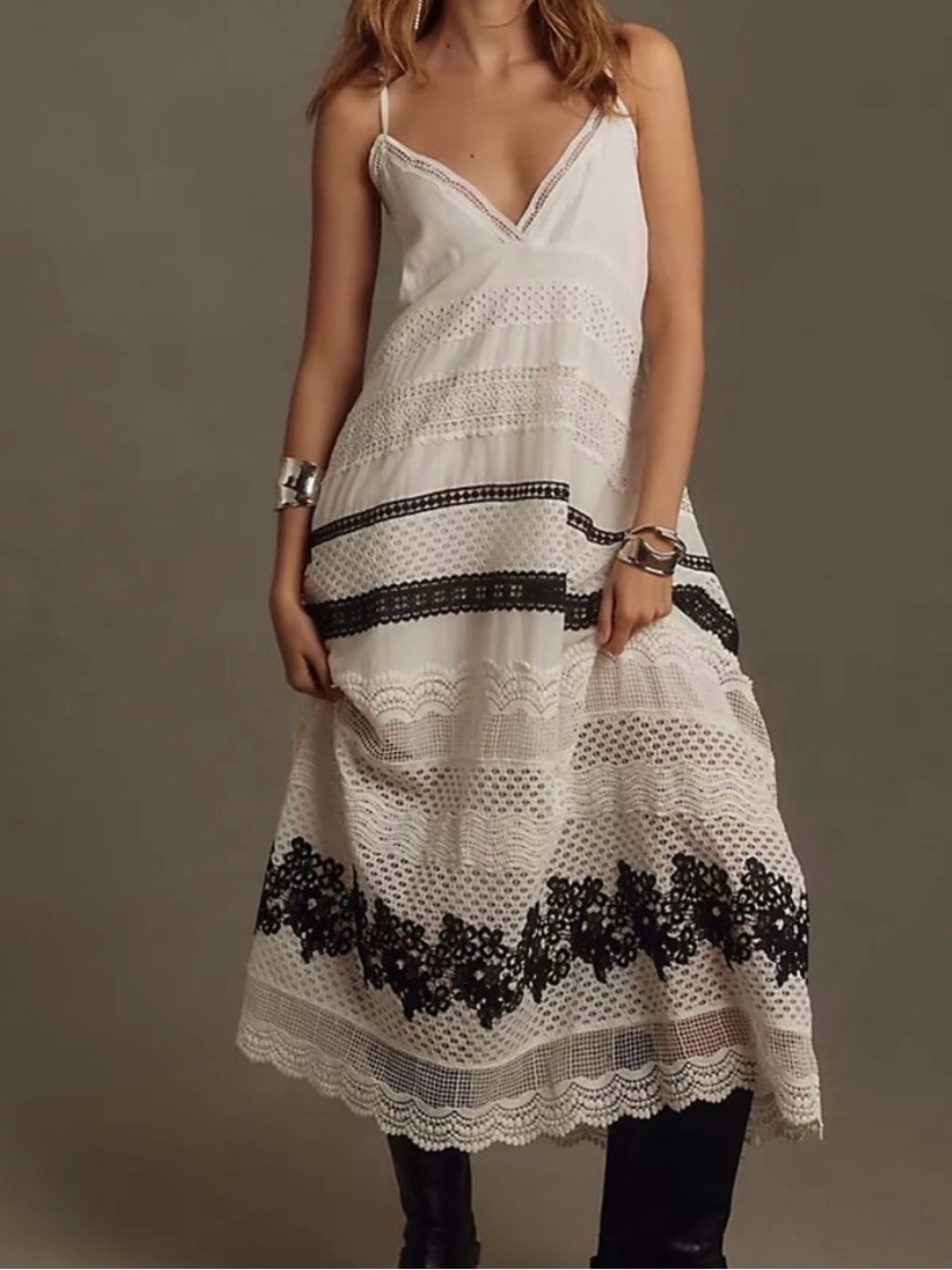Anthropologie White Maxi Dress with Black Lace Insets